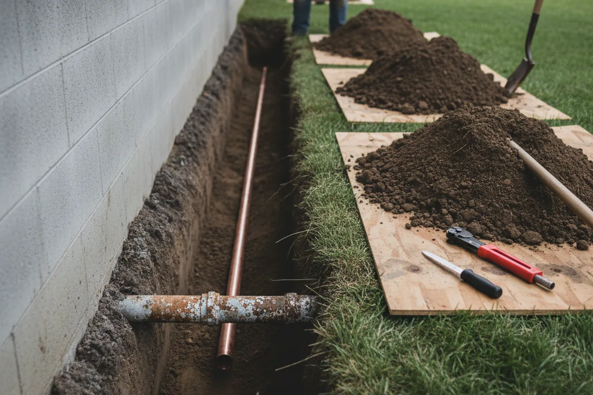 Excavated water line trench during Water Heater Repair in Fredericksburg